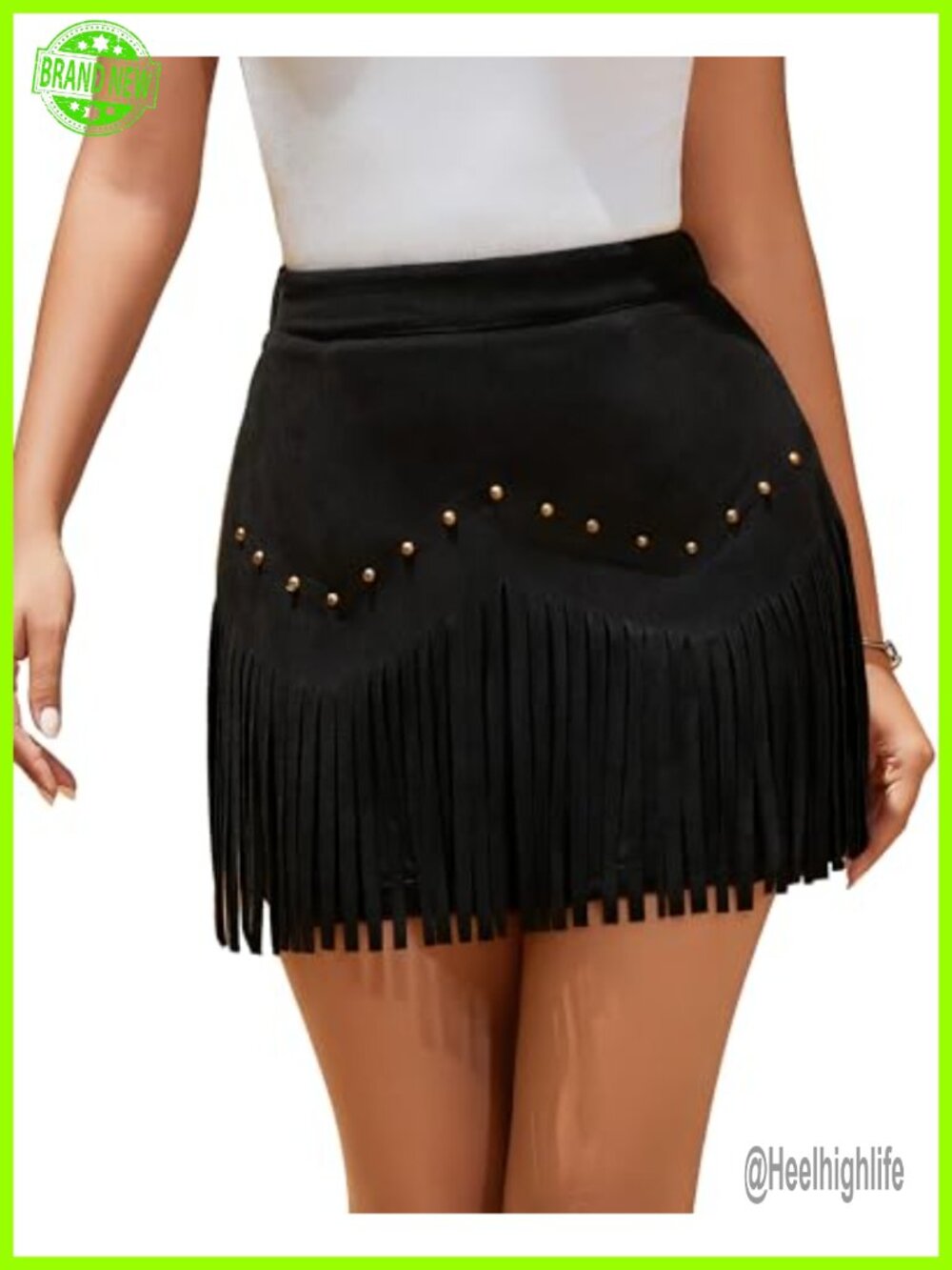 Faux Suede Fringe Mini Skirt Western Cowgirl Rivet Detail High Rise